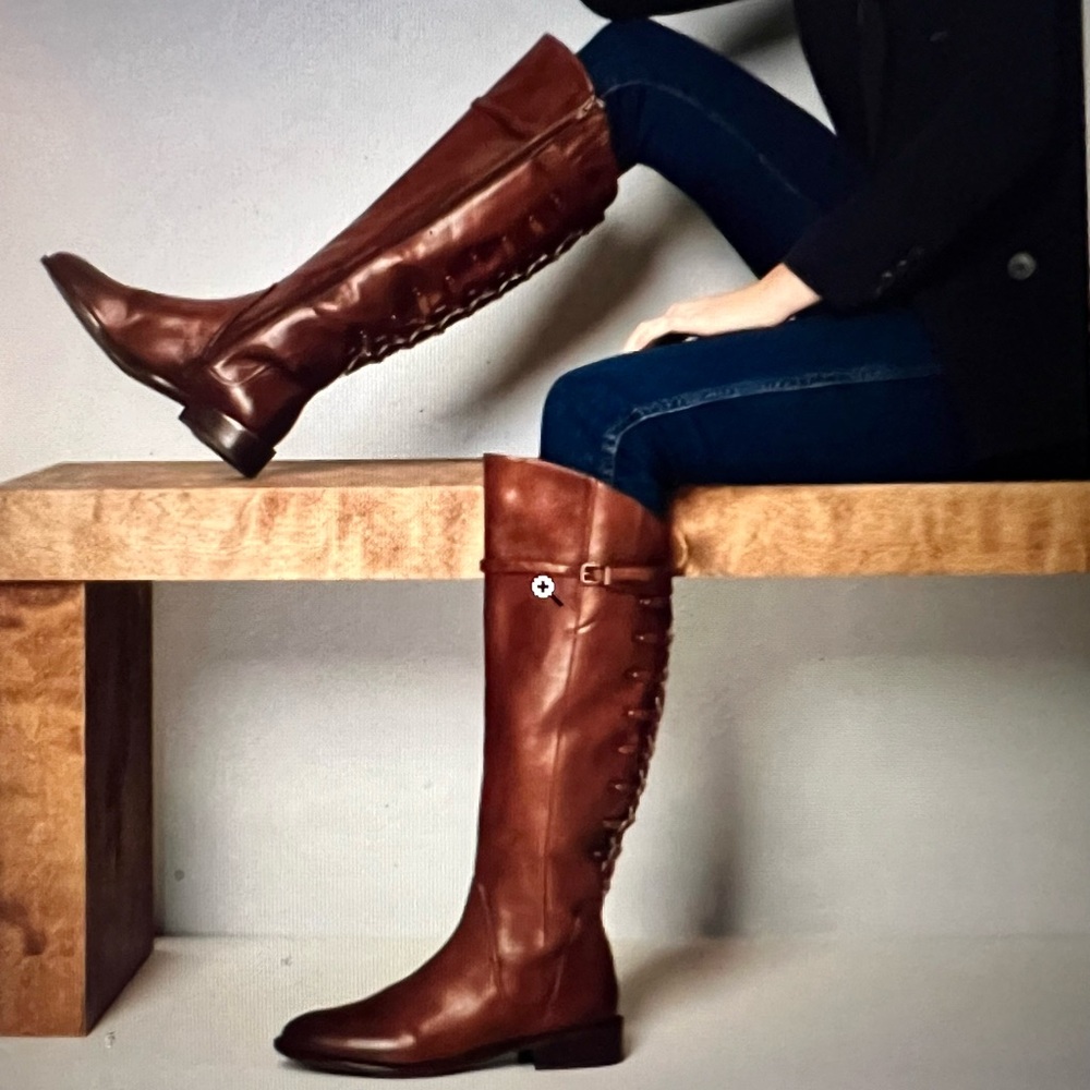 Gianni Bini Tall Brown Leather Boots Studded MotoWoven Shaft Riding Fall Style
